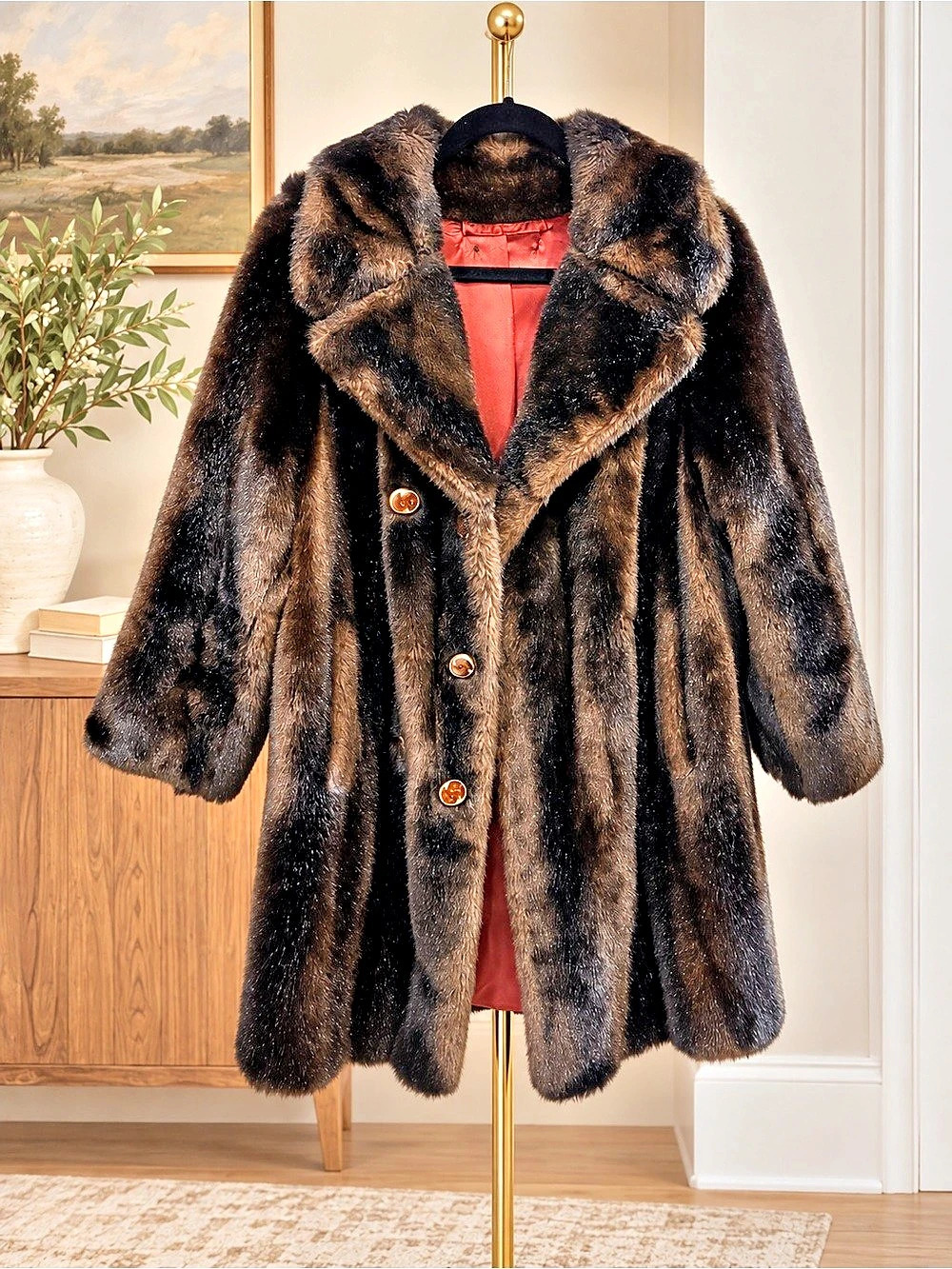 Vintage Tissavel France Faux Fur Coat Brown Plush Heavy Glam Winter Jacket XL